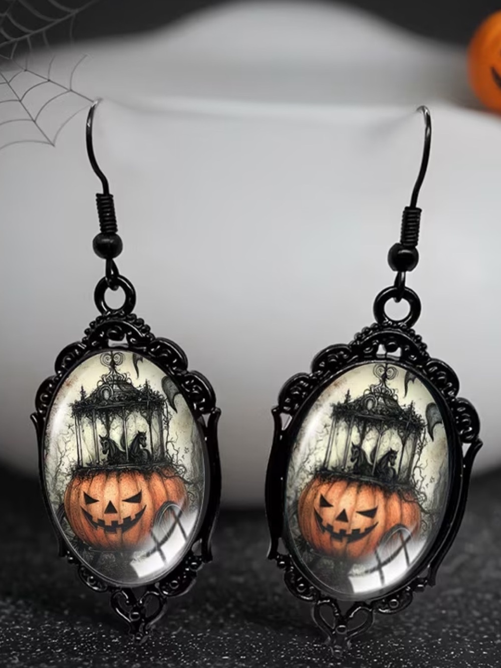🎃 Unique Halloween Pumpkin Antique Black Frame Drop Earrings